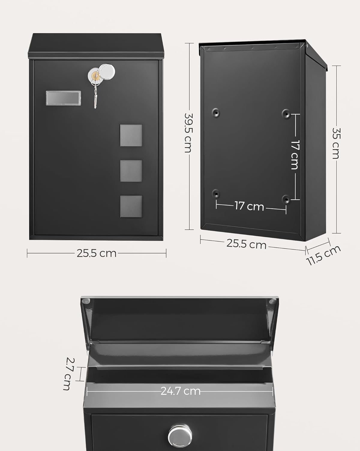 Songmics Επιτοίχιο Μεταλλικό Γραμματοκιβώτιο με Κλειδαριά - ‎Black - GMB031B02
