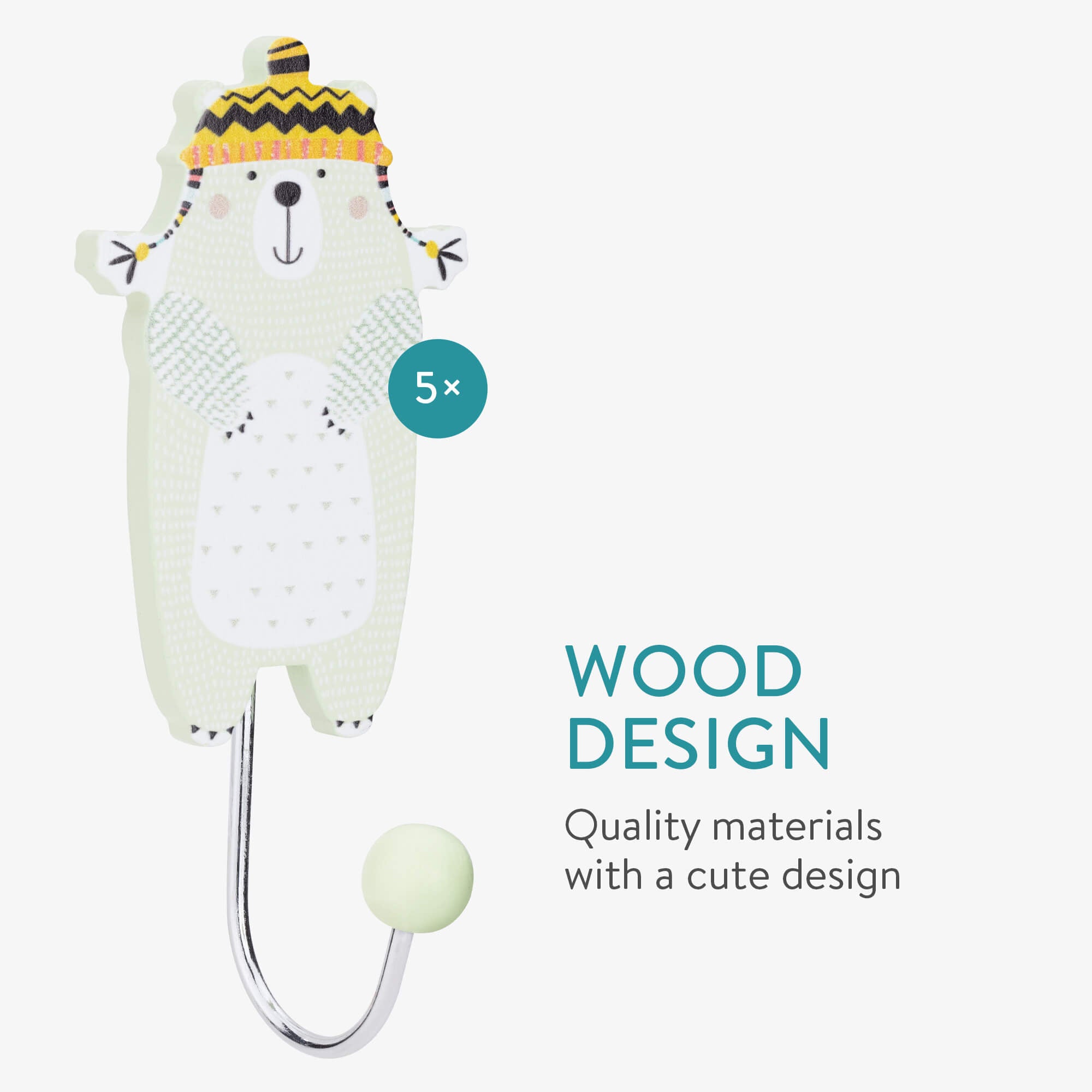 Navaris Σετ με 5 Επιτοίχιες Κρεμάστρες για Παιδικό Δωμάτιο - Design Bear - Green - 57099.01