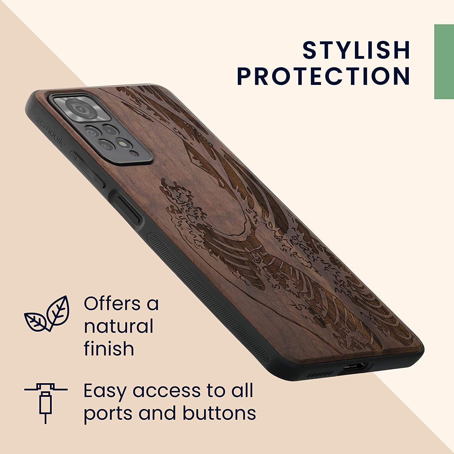 KW Xiaomi Redmi Note 11 Pro / Note 11 Pro 5G Θήκη από Φυσικό Ξύλο - Design Japanese Wave - Dark Brown - 57381.09