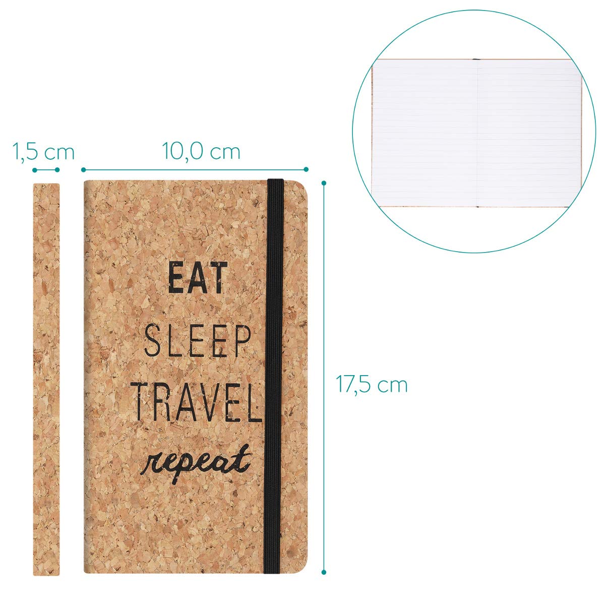 Navaris Notebook with Cork Cover Σημειωματάριο από Φελλό Design Eat Sleep Travel Repeat - 48477.03