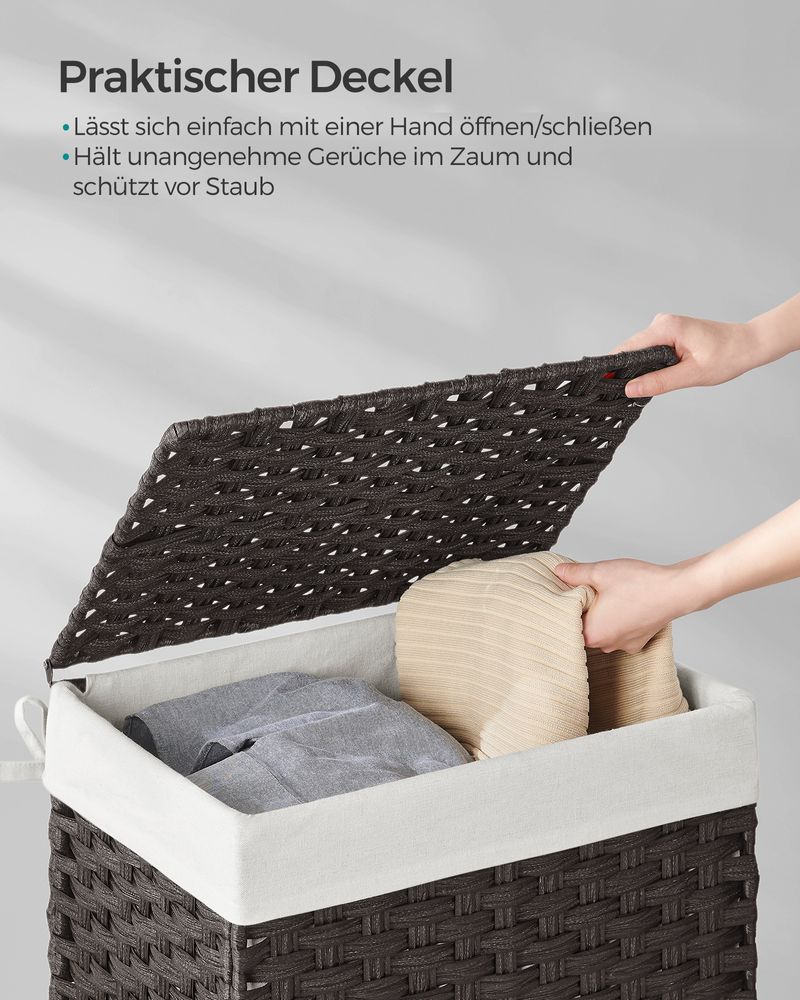 Songmics Χειροποίητο Καλάθι Απλύτων από Συνθετικό Rattan με Καπάκι - 90 L - Black - LCB51BK