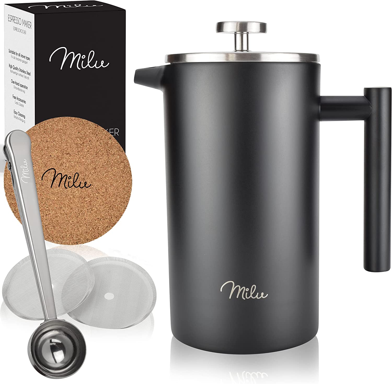 Milu French Press Coffee Maker Γαλλική Καφετιέρα από Ανοξείδωτο Ατσάλι - Πρέσα Καφέ - 600ml - Black - 5064‎