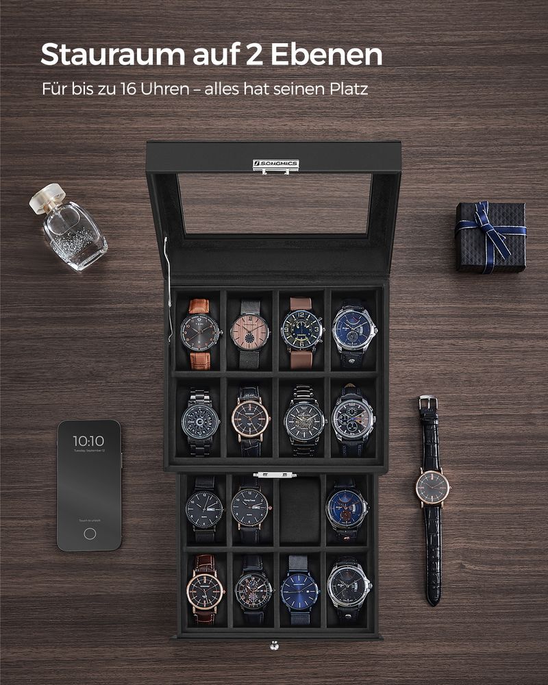 Songmics Κουτί Αποθήκευσης 2 Επιπέδων για 16 Ρολόγια - Black - JWB016B01