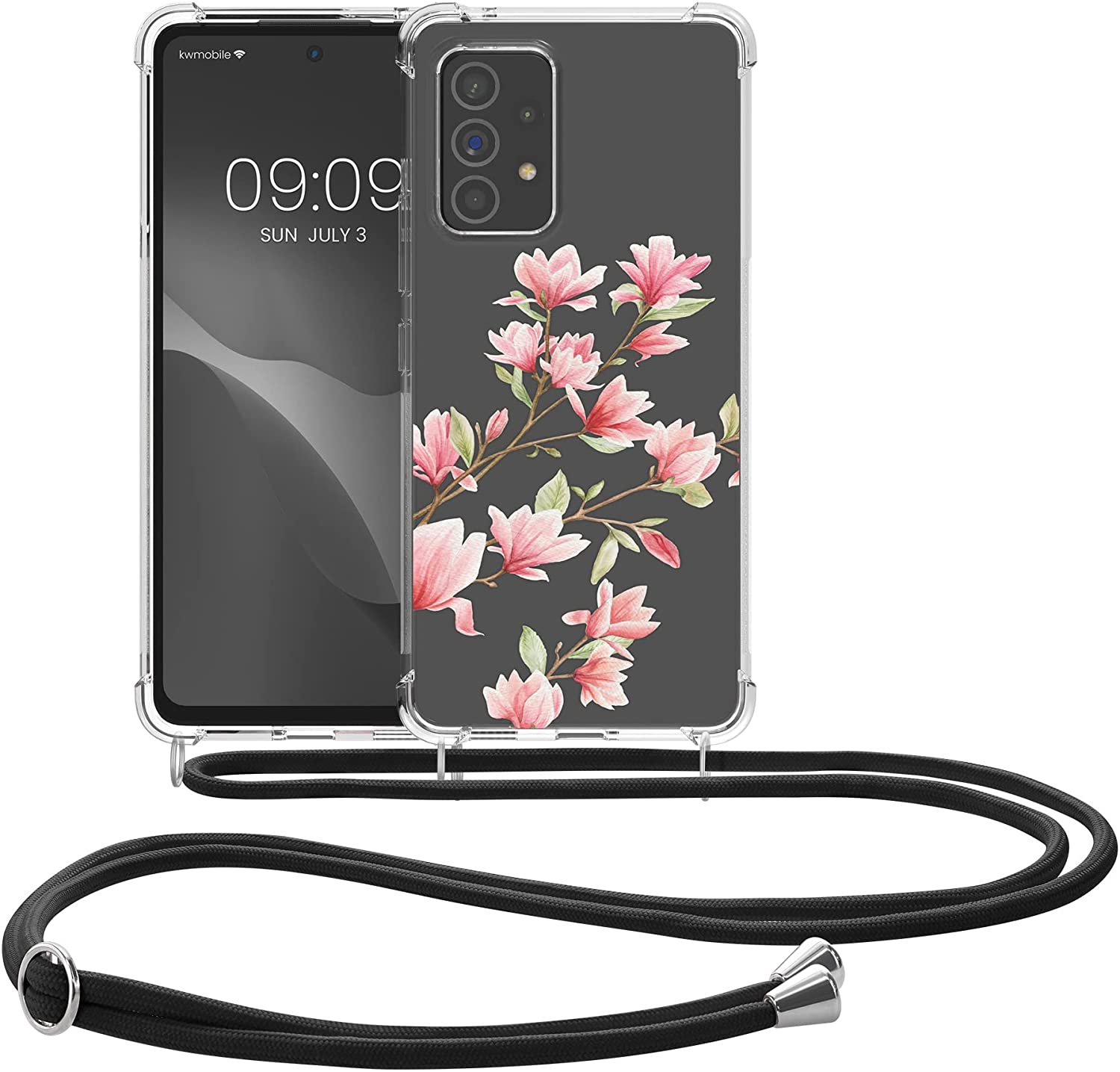 KW Samsung Galaxy A53 5G Θήκη Σιλικόνης TPU με Λουράκι Design Magnolias - Διάφανη / White / Pink - 58234.02