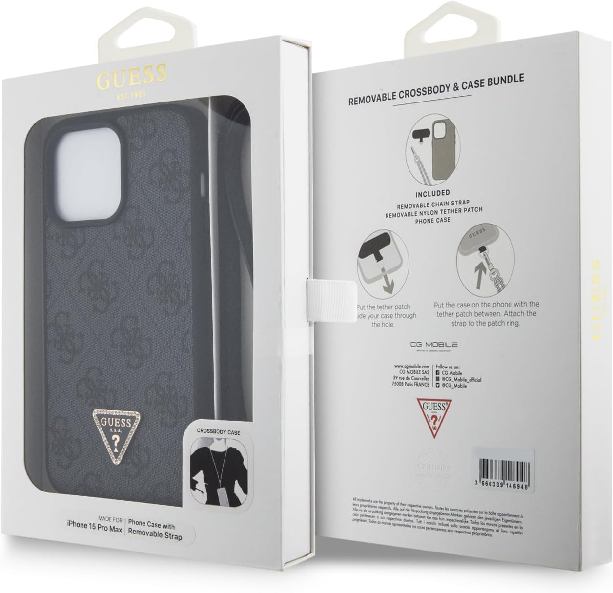 Guess iPhone 15 Pro Max - Crossbody 4G Metal Logo Θήκη με Επένδυση Συνθετικού Δέρματος και Λουράκι - Black - GUHCP15XP4TDSCPK