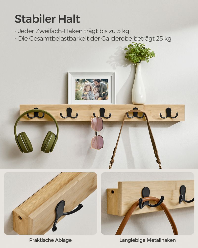 Songmics Επιτοίχια Ξύλινη Κρεμάστρα από Μπαμπού με 5 Μεταλλικούς Γάντζους και Ράφι - Natural Beige - LCR005N01