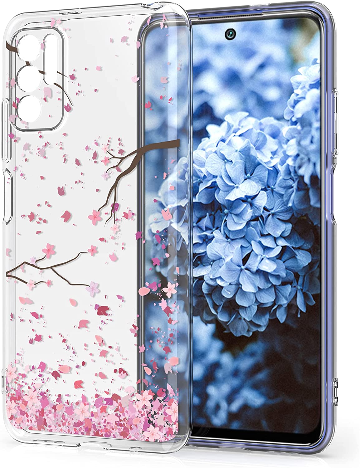 KW Xiaomi Redmi Note 10 5G / Poco M3 Pro 5G Θήκη Σιλικόνης TPU Design Cherry Blossom Leaves - Pink / Dark Brown - Διάφανη - 54950.01
