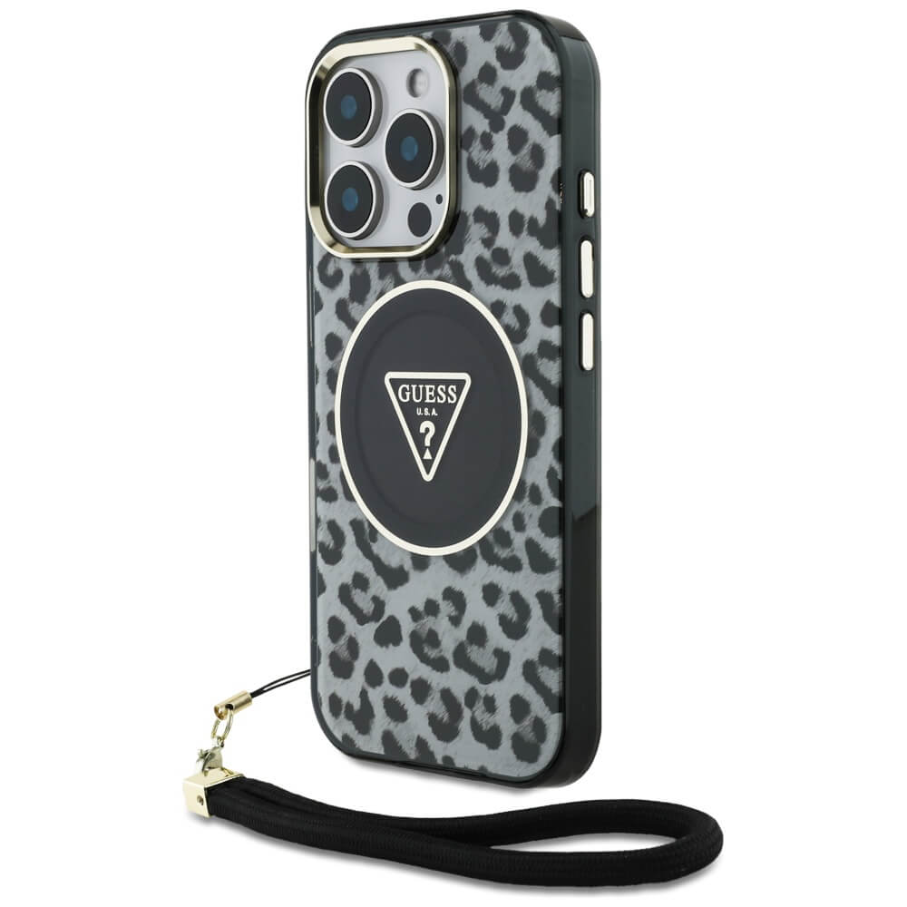 Guess iPhone 16 Pro - HC IML Leopard Triangle Cord Strap MagSafe - Σκληρή Θήκη με Πλαίσιο Σιλικόνης και Λουράκι - Black - GUHMP16LHLORSSK