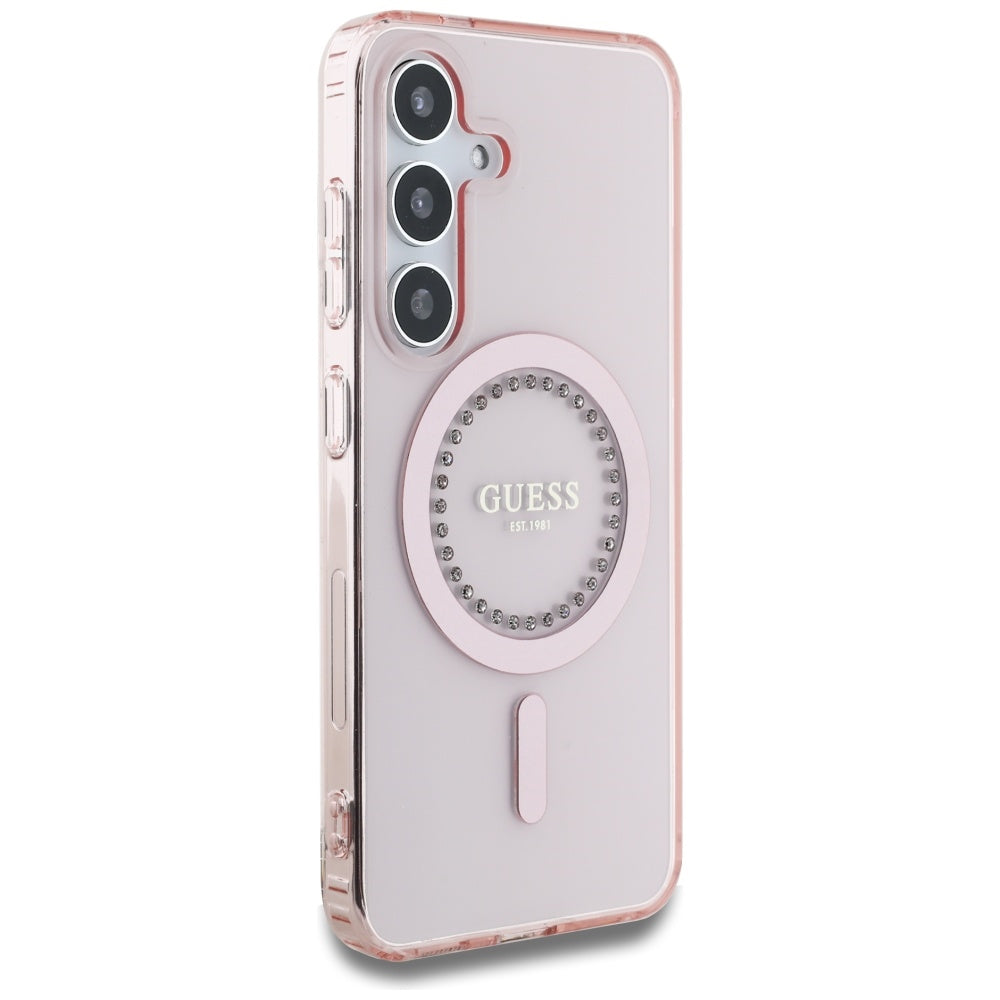 Guess Samsung Galaxy S25 - Rhinestones Printed Classic Logo - MagSafe Σκληρή Θήκη με Πλαίσιο Σιλικόνης - Pink - GUHMS25SPFTDTEP