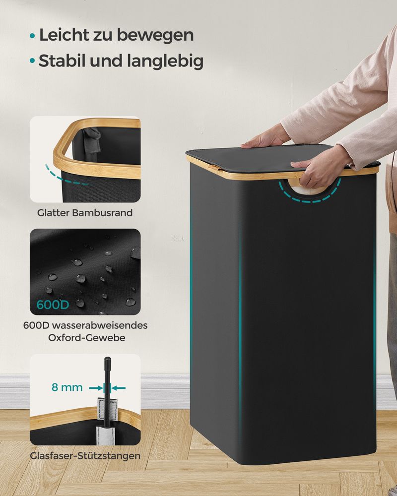 Songmics Καλάθι Απλύτων 2 Διαμερισμάτων με Καπάκι και 2 Αποσπώμενους Εσωτερικούς Σάκους - 130L - Ink Black - LCB513B01