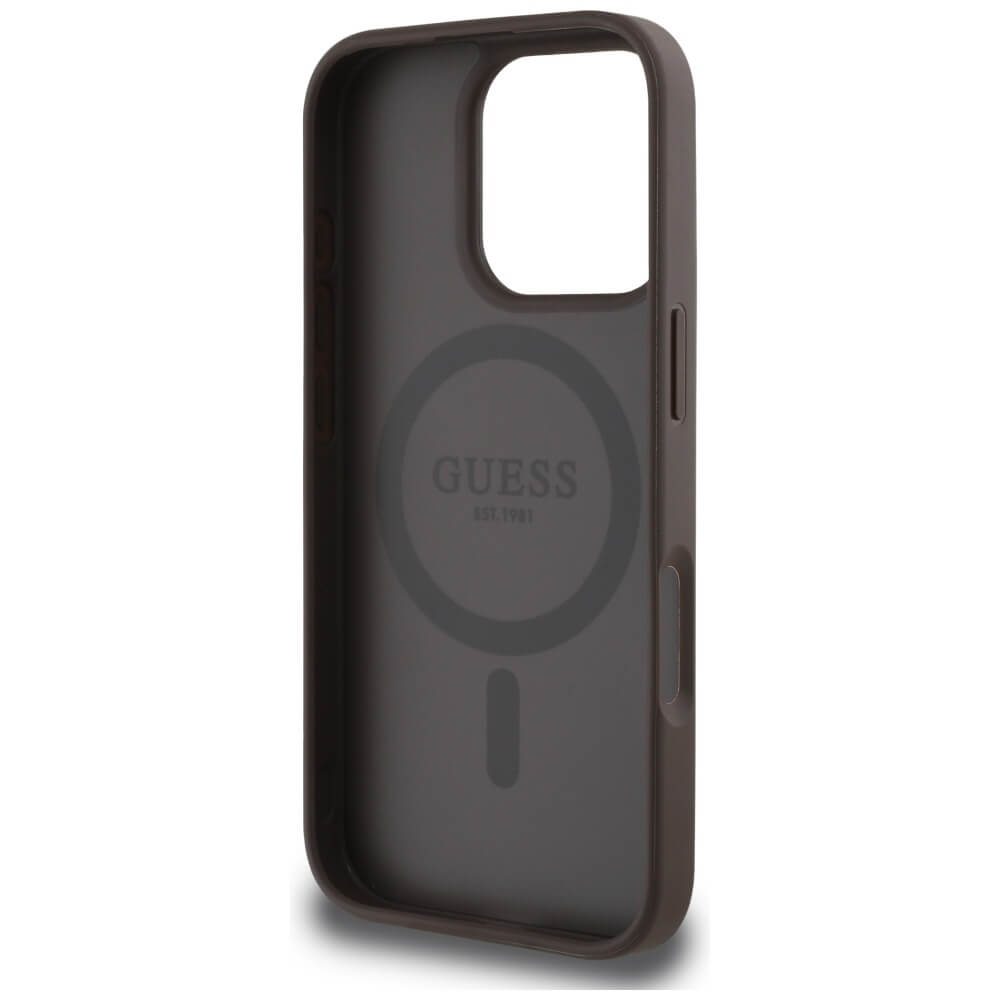 Guess iPhone 16 Pro Max - 4G Circle Classic Logo - MagSafe Θήκη με Επένδυση Συνθετικού Δέρματος - Brown - GUHMP16XP4PGRSGW