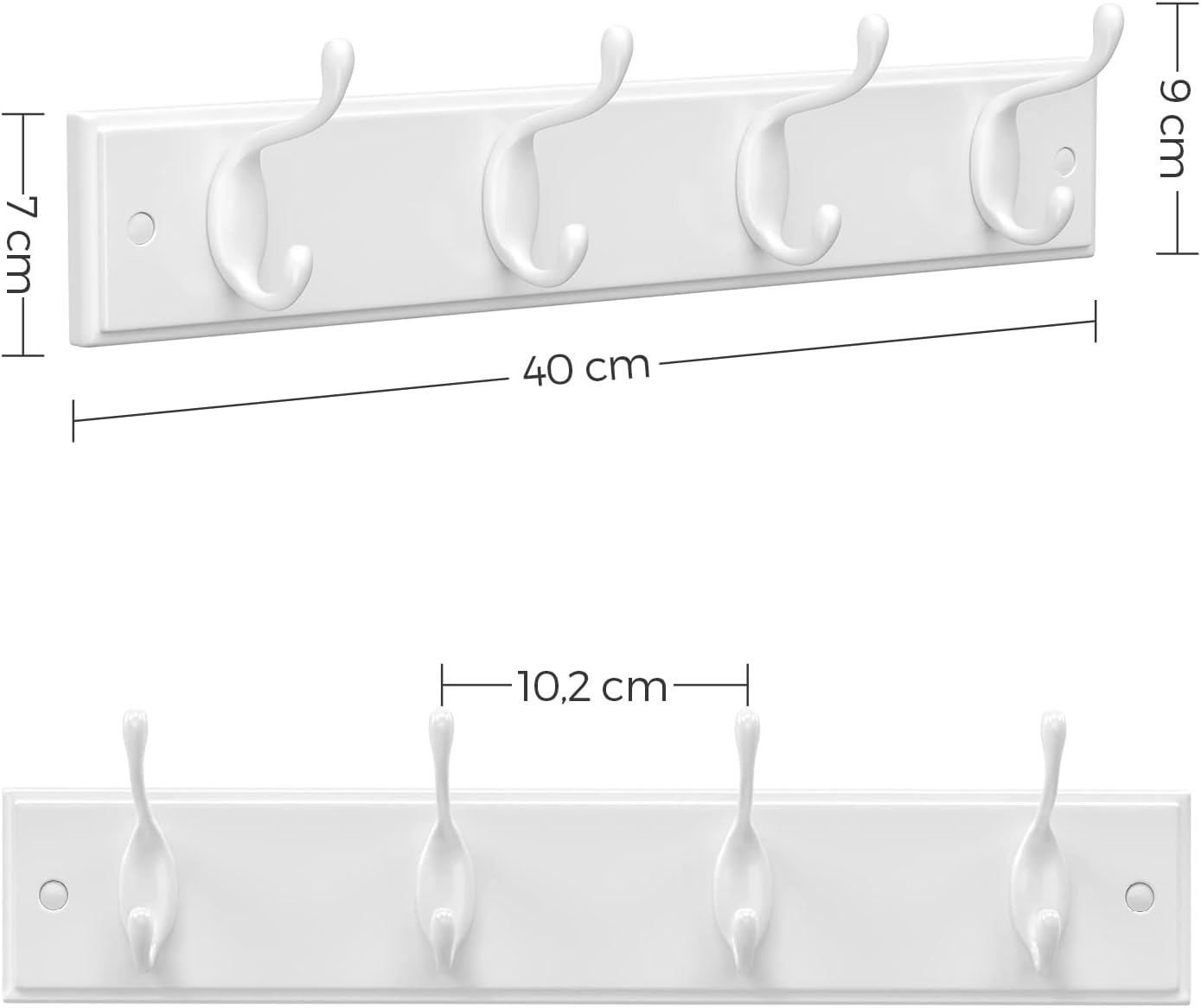 Songmics Επιτοίχια Ξύλινη Κρεμάστρα με 4 Μεταλλικούς Γάντζους - 40 x 9 x 7 cm - White - LHR23WT