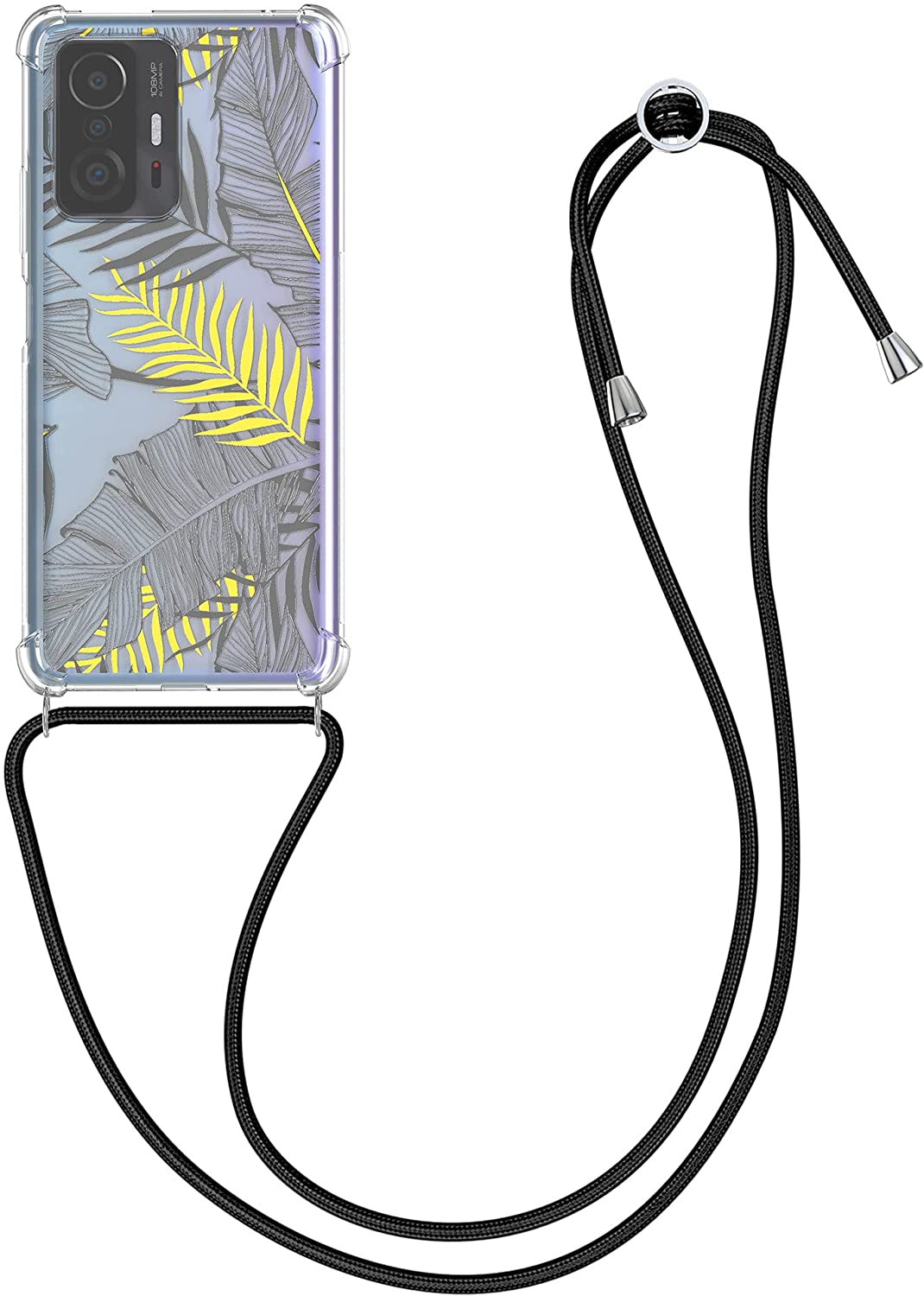 KW Xiaomi 11T / 11T Pro Θήκη Σιλικόνης TPU με Λουράκι Design Palm Leaves - Gold / Grey / Διάφανη - 56522.01