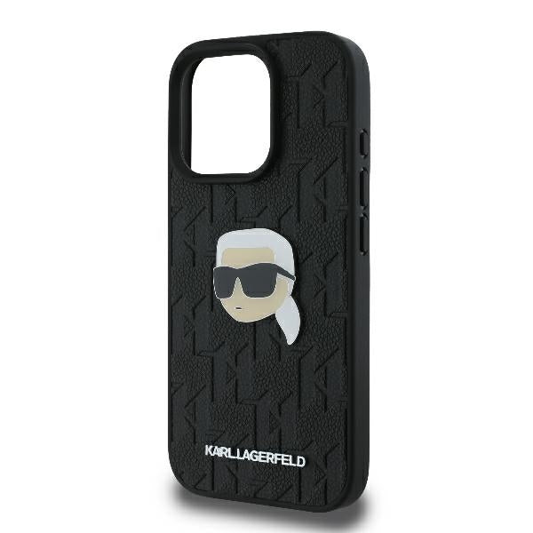Karl Lagerfeld iPhone 16 Pro - Monogram Karl Head Pin Σκληρή Θήκη με Επένδυση Συνθετικού Δέρματος - Black - KLHCP16LPGKLKIPK