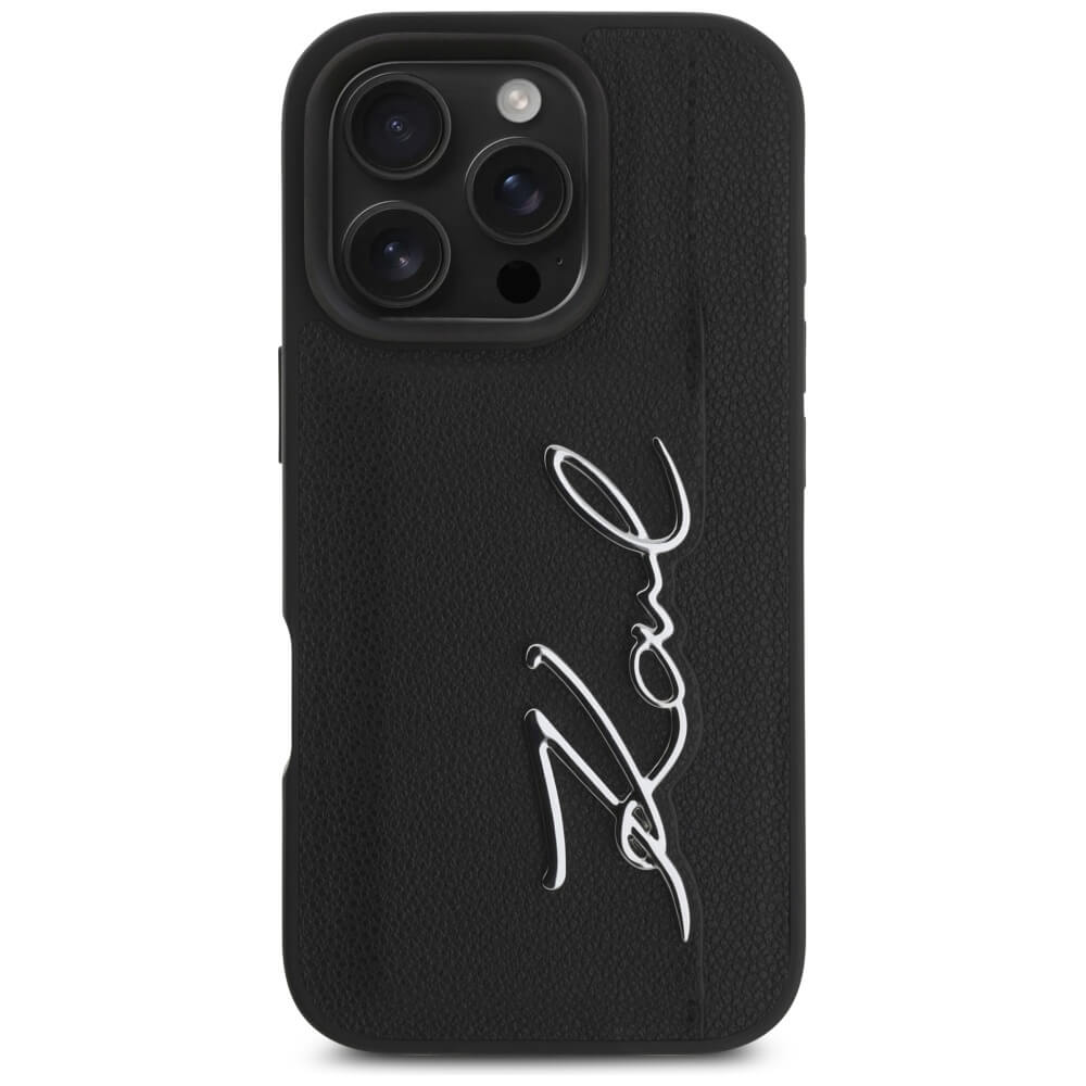 Karl Lagerfeld iPhone 16 Pro - HC Grained PU Cardslot Metal Signature - Σκληρή Θήκη με Επένδυση Συνθετικού Δέρματος και Υποδοχή για Κάρτες - Black - KLHCP16LPGPVKSK