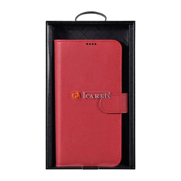 iCarer Samsung Galaxy S22 Plus Haitang Leather Θήκη Πορτοφόλι Stand από Γνήσιο Δέρμα - Red