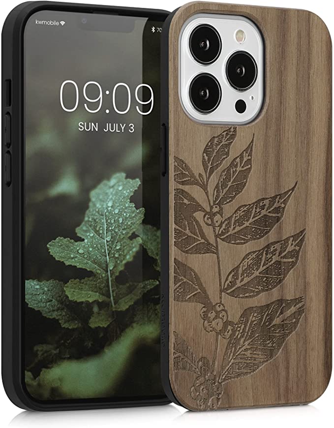 KW iPhone 13 Pro Θήκη από Φυσικό Ξύλο Design Leaves and Berries - Dark Brown - 55967.09