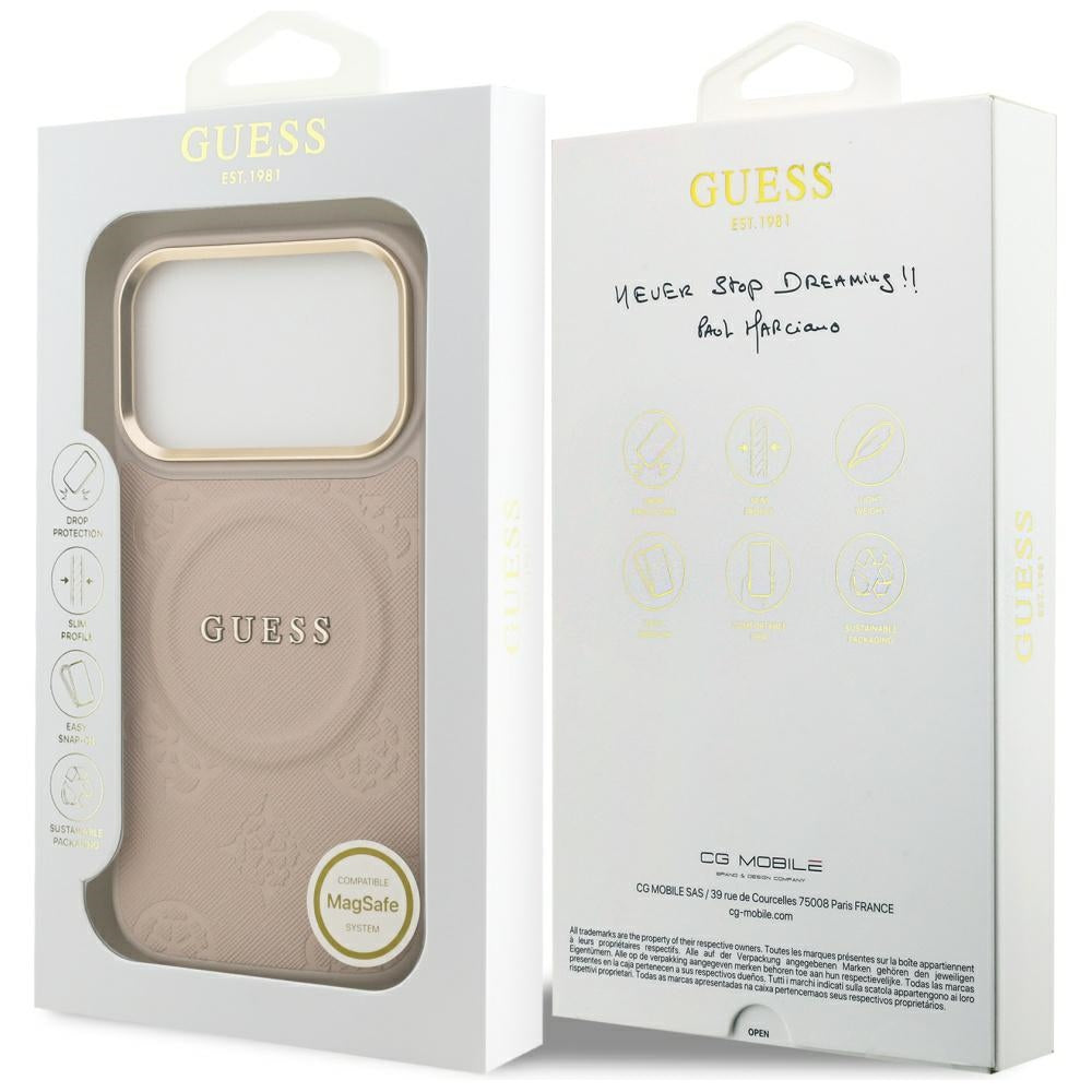 Guess iPhone 17 Pro - Peony Hot Stamp MagSafe - Σκληρή Θήκη με Επένδυση Συνθετικού Δέρματος - Pink - GUHMP17LPSAMSECP