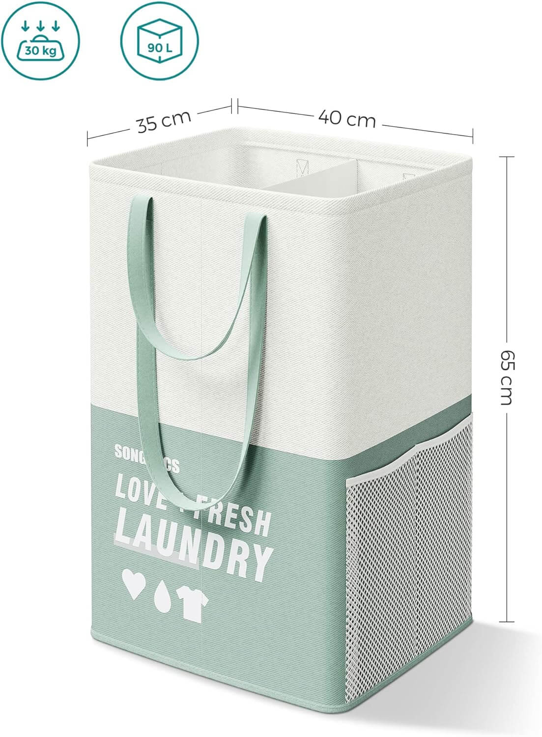 Songmics Υφασμάτινο Καλάθι Απλύτων με 2 Διαμερίσματα - Mint Green - LCB209C11