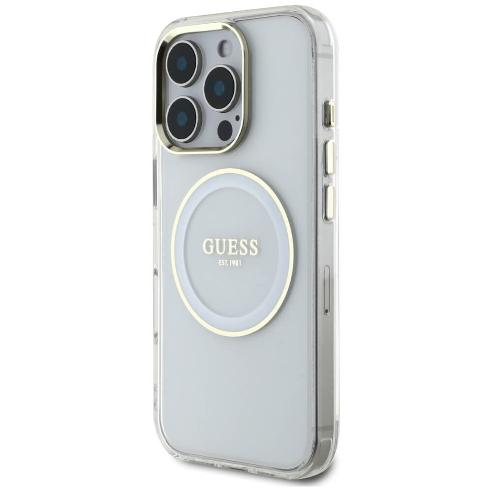 Guess iPhone 16 Pro Max IML Metal Colored Circle Classic Logo MagSafe Σκληρή Θήκη με Πλαίσιο Σιλικόνης και MagSafe - White - GUHMP16XHTDRCEDH