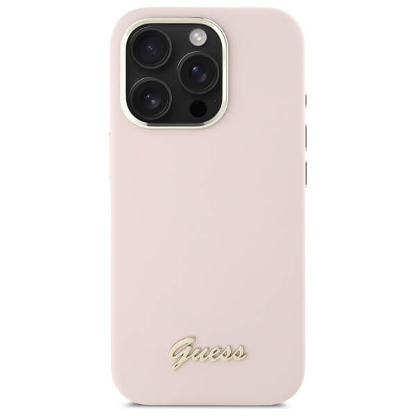 Guess iPhone 16 Pro - Silicone Script Metal Logo and Frame - Σκληρή Θήκη με Πλαίσιο Σιλικόνης - Pink - GUHCP16LSMBSLP