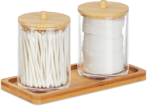 Relaxdays Σετ με 2 Πλαστικά Δοχεία Αποθήκευσης για το Μπάνιο με Δίσκο και Καπάκια από Μπαμπού - Διάφανα / Light Brown - 4052025479138 - likebrands.gr