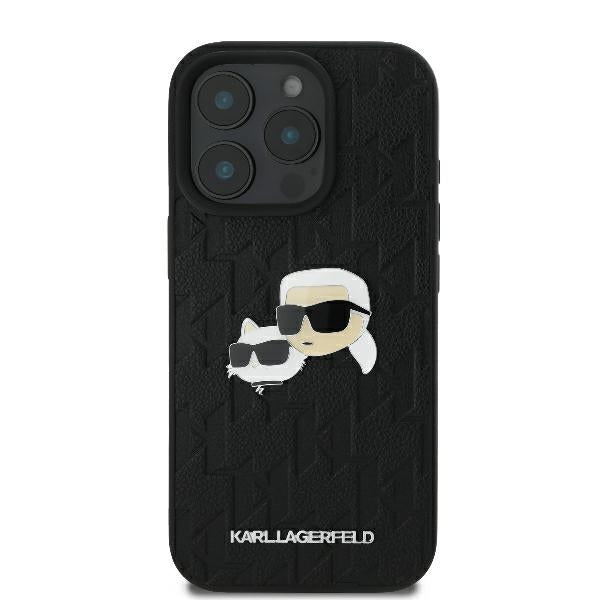 Karl Lagerfeld iPhone 16 Pro - Monogram Karl and Choupette Head Pin Σκληρή Θήκη με Επένδυση Συνθετικού Δέρματος - Black - KLHCP16LPGKLKCPK