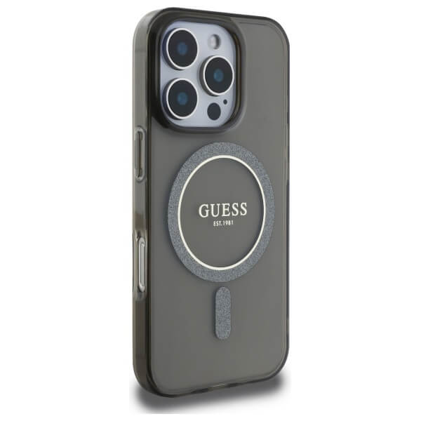 Guess iPhone 16 Pro - IML Glitter Circle - MagSafe Σκληρή Θήκη με Πλαίσιο Σιλικόνης - Black - GUHMP16LHFGEREK