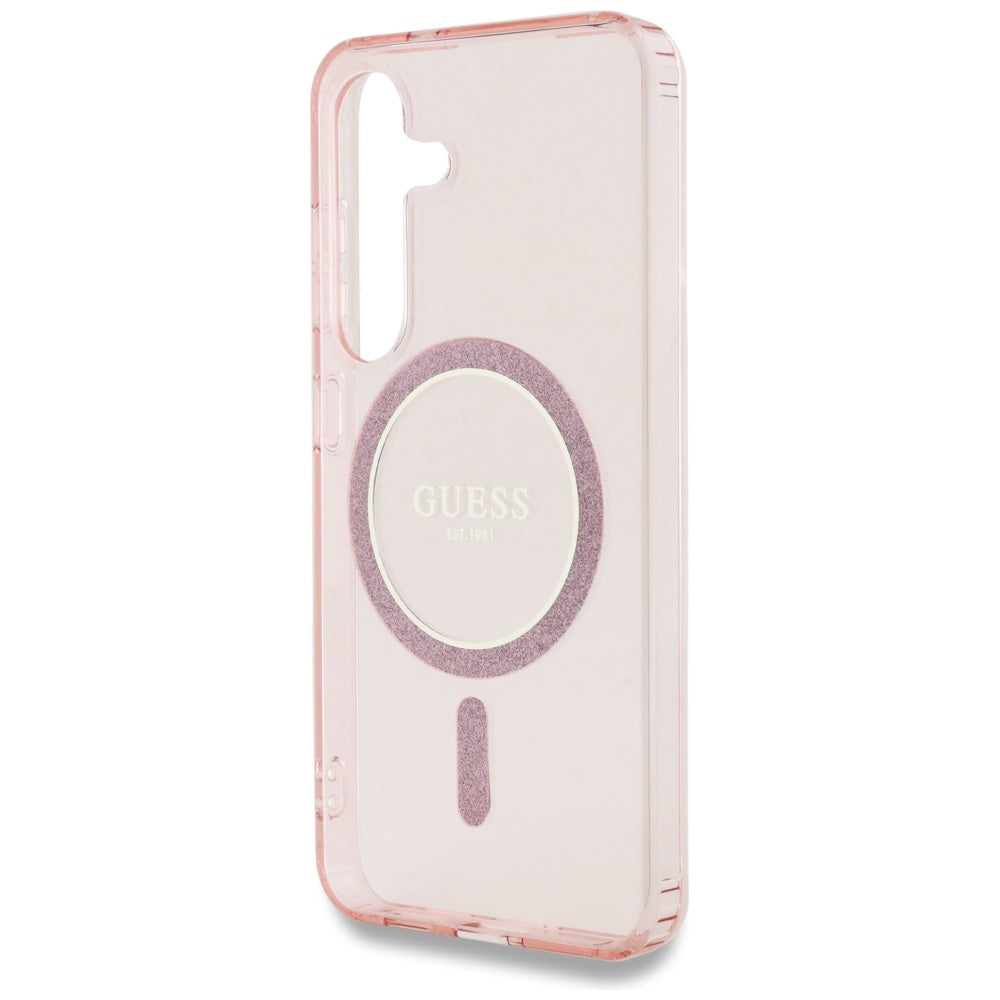 Guess Samsung Galaxy S25 - Glitter Circle Classic Logo - MagSafe Σκληρή Θήκη με Πλαίσιο Σιλικόνης - Pink - GUHMS25SHFGEREP