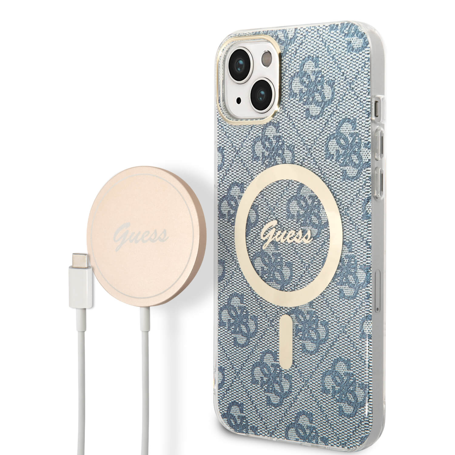 Guess iPhone 15 Plus / 14 Plus - Bundle Pack - Σετ Σκληρή Θήκη με Πλαίσιο Σιλικόνης και Ασύρματος Φορτιστής MagSafe - Design 4G Print MagSafe - Blue - GUBPP14MH4EACSB