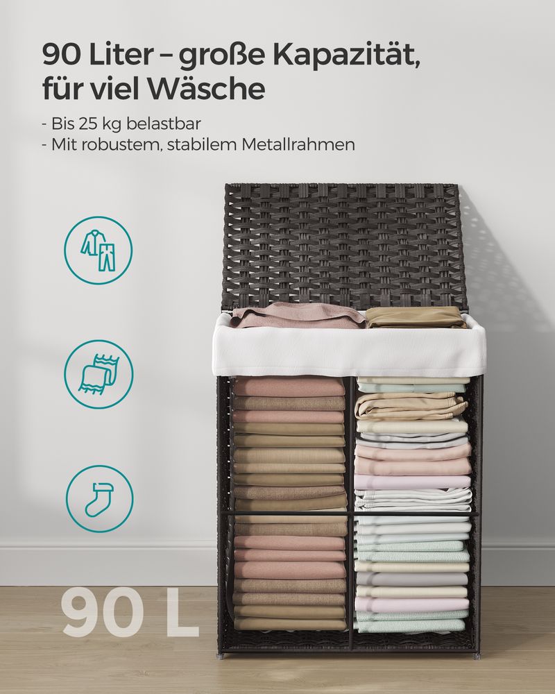 Songmics Χειροποίητο Καλάθι Απλύτων από Συνθετικό Rattan με Καπάκι - 90 L - Black - LCB51BK