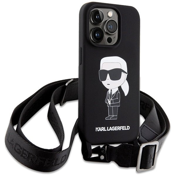 Karl Lagerfeld iPhone 15 Pro Crossbody Silicone Ikonik Σκληρή Θήκη με Πλαίσιο Σιλικόνης και Λουράκι - Black - KLHCP15LSCBSKNK
