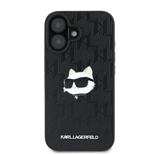 Karl Lagerfeld iPhone 16 - Monogram Choupette Head Pin Σκληρή Θήκη με Επένδυση Συνθετικού Δέρματος - Black - KLHCP16SPGKLCHPK