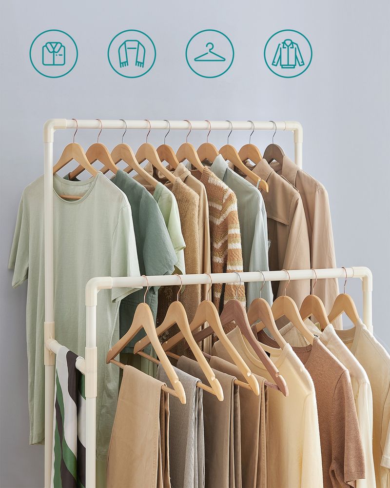 Songmics Κρεμάστρα Δαπέδου με 2 Pάγες Pούχων, 1 Ράφι και Ροδάκια - White - RDR101W02