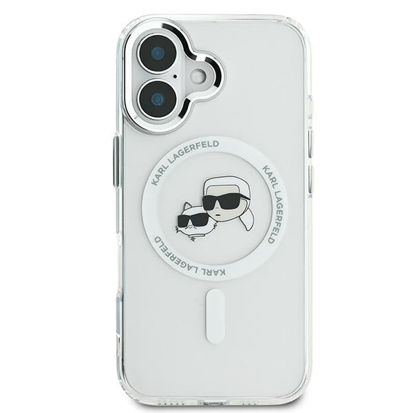 Karl Lagerfeld iPhone 16 - IML Metal Karl and Choupette Head - Σκληρή Θήκη με Πλαίσιο Σιλικόνης και MagSafe - White - KLHMP16SHLSKCH