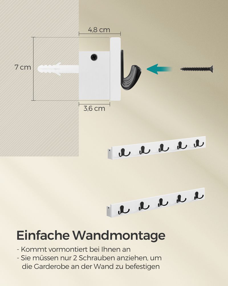 Songmics Σετ με 2 Επιτοίχιες Κρεμάστρες με 5 Διπλούς Μεταλλικούς Γάντζους και Ράφι - Cloud White - LCR052W01