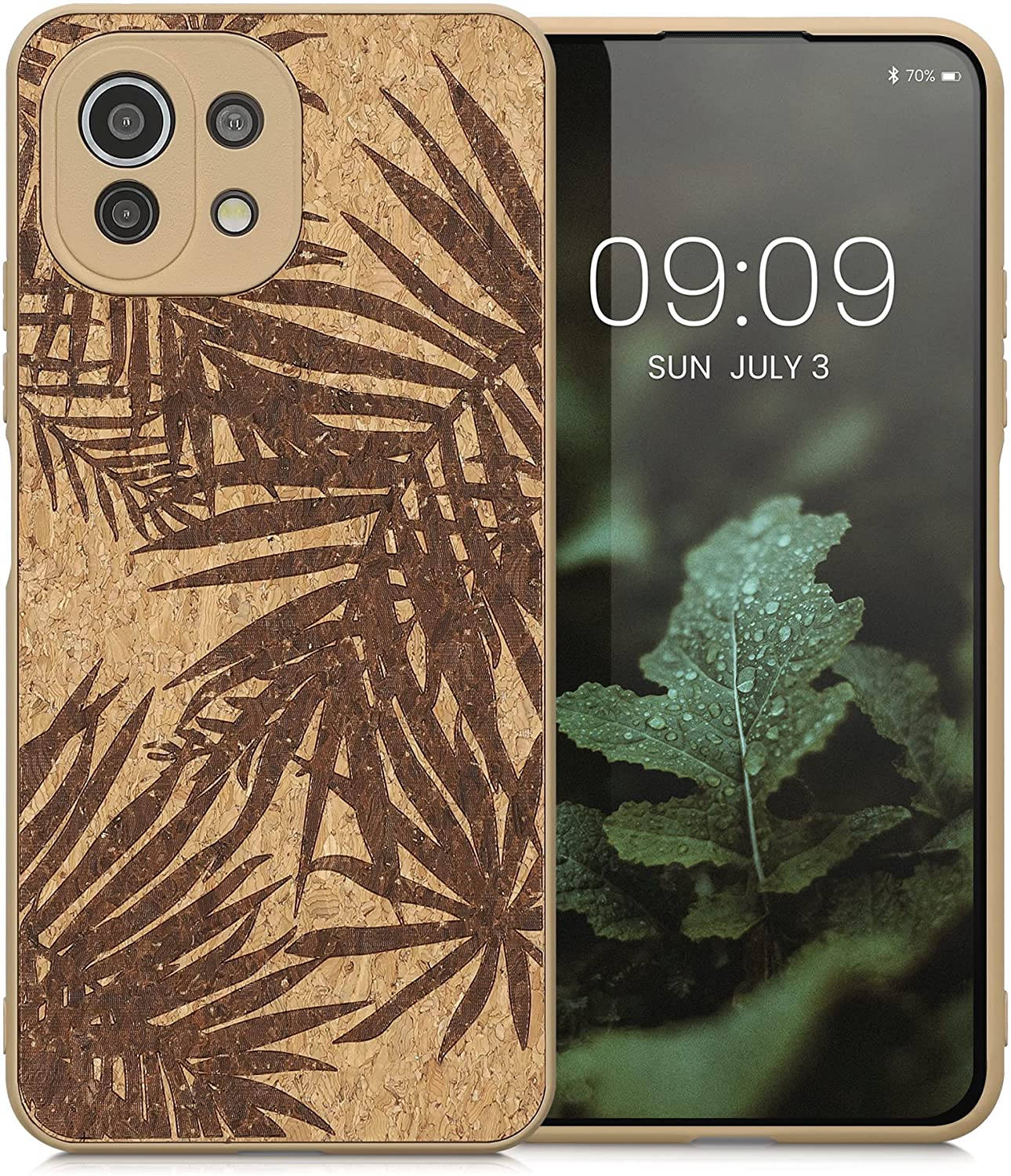 KW Xiaomi Mi 11 Lite / Mi 11 Lite 5G Σκληρή Θήκη από Φελλό με Πλαίσιο Σιλικόνης - Design Palm Leaves - Dark Brown / Light Brown - 57927.01