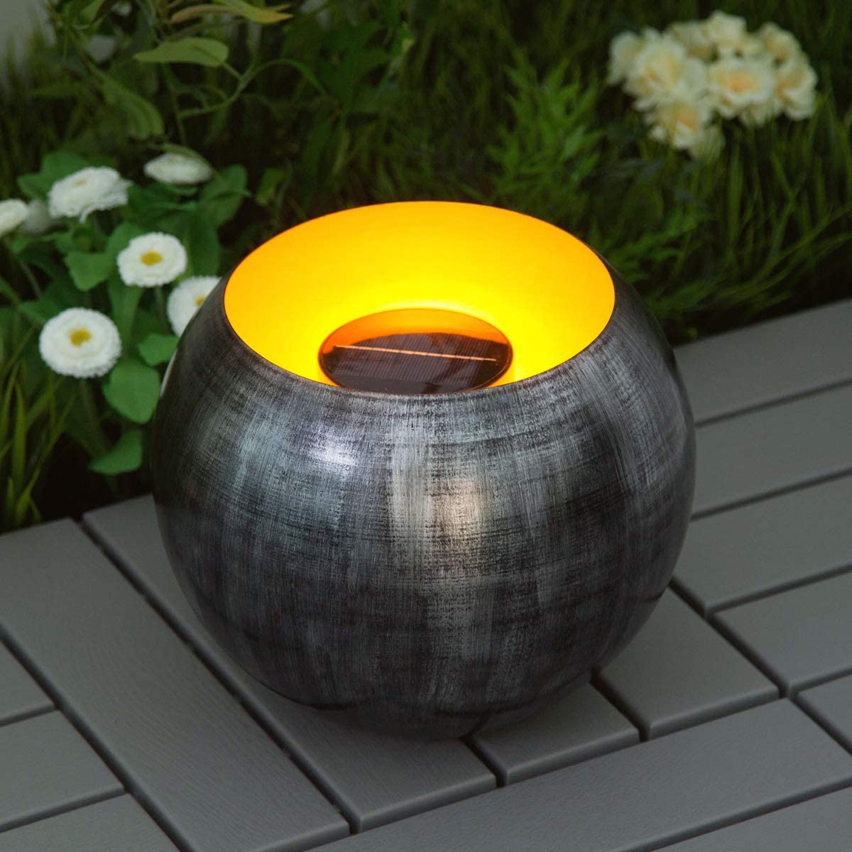 Navaris Outdoor Solar Light Bowl Φωτιστικό Εξωτερικού Χώρου - Round Metal Fire Pit - Silver - 47542.02