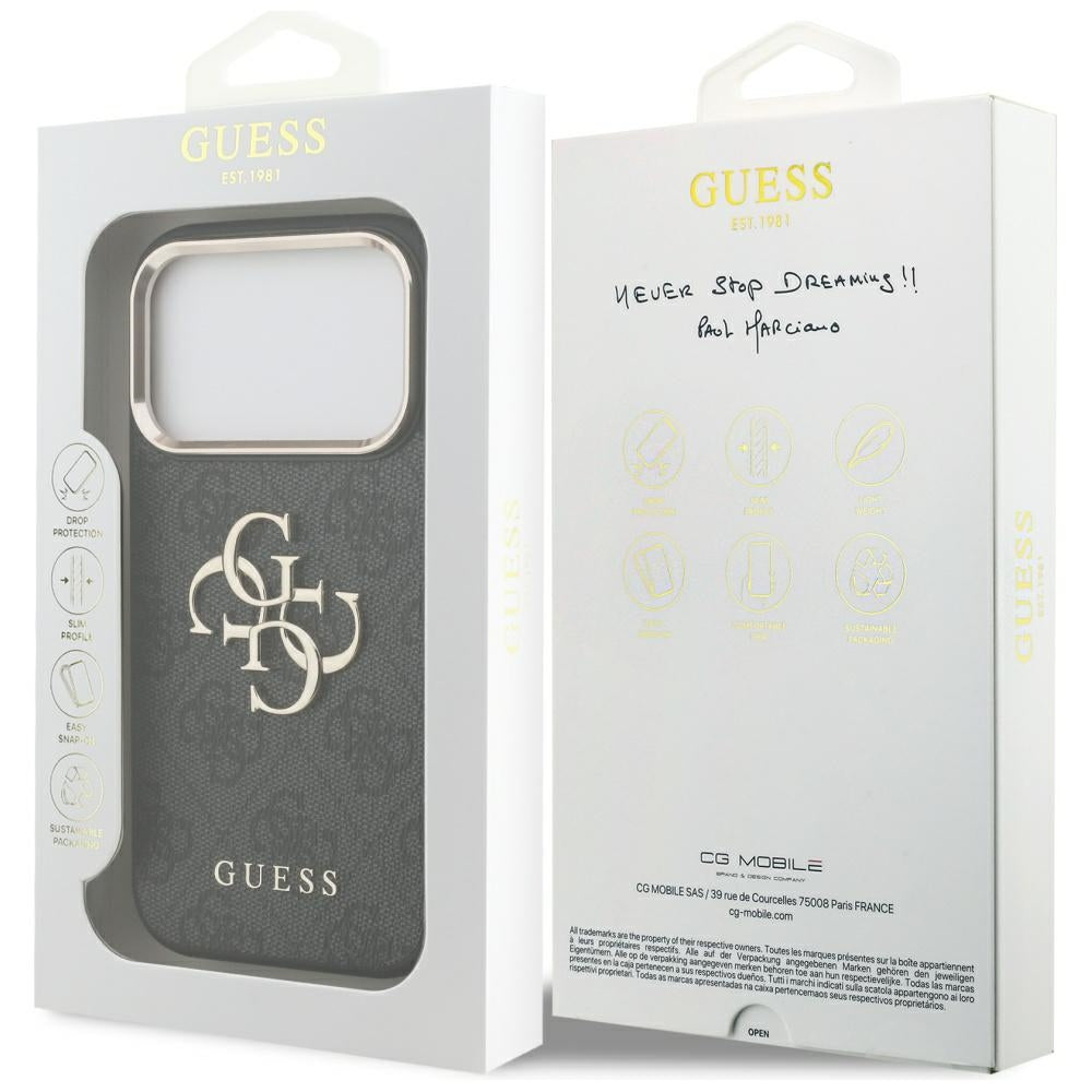Guess iPhone 17 Pro - 4G Big 4G Classic Logo - Σκληρή Θήκη με Πλαίσιο Σιλικόνης και Επένδυση από Οικολογικό Δέρμα - Black / Gold - GUHCP17L4GMGCGR
