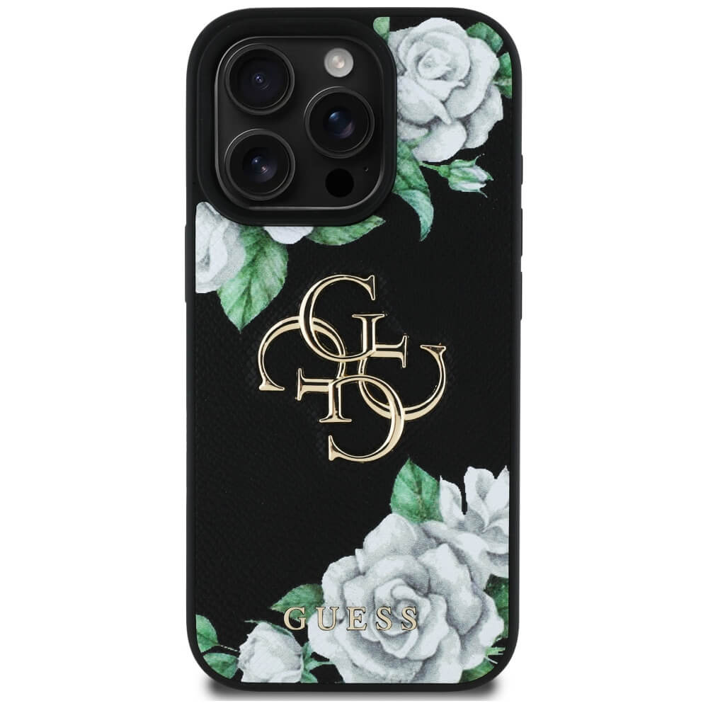 Guess iPhone 16 Pro Max - Grained Roses Big 4G Logo - Σκληρή Θήκη με Επένδυση από Οικολογικό Δέρμα - Black - GUHCP16XPGROP4MK