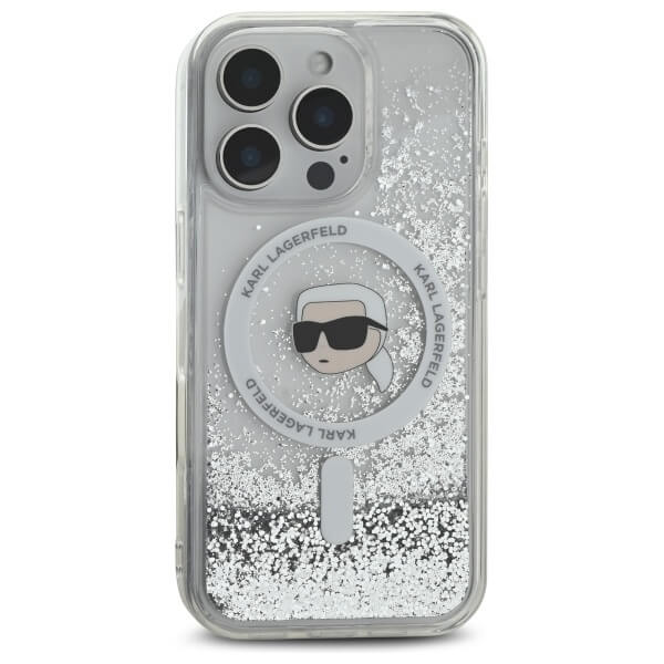 Karl Lagerfeld iPhone 16 Pro - Liquid Glitter Karl Head MagSafe Σκληρή Θήκη με Πλαίσιο Σιλικόνης - Διάφανη - KLHMP16LLGKISGH