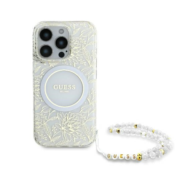Guess iPhone 16 Pro - IML Flowers Allover Electro With Pearl Strap MagSafe - Σκληρή Θήκη με Πλαίσιο Σιλικόνης και Λουράκι - White / Διάφανη - GUHMP16LHCPOFPH