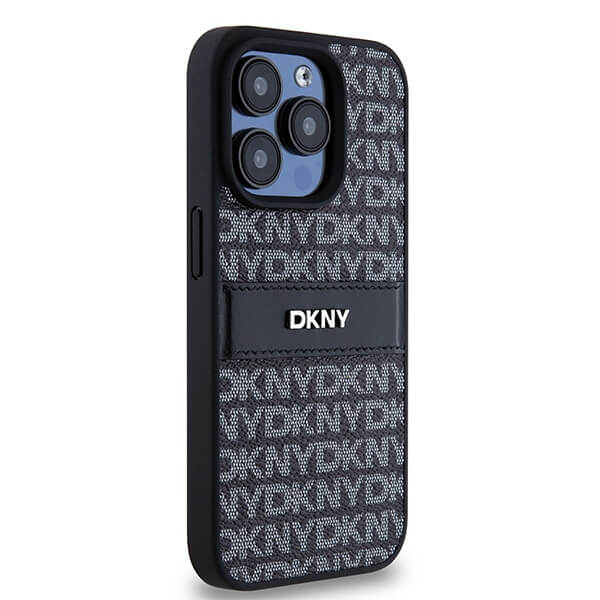 DKNY iPhone 15 Pro Max - Leather Mono Stripe and Metal Logo Σκληρή Θήκη με Επένδυση Συνθετικού Δέρματος - Black