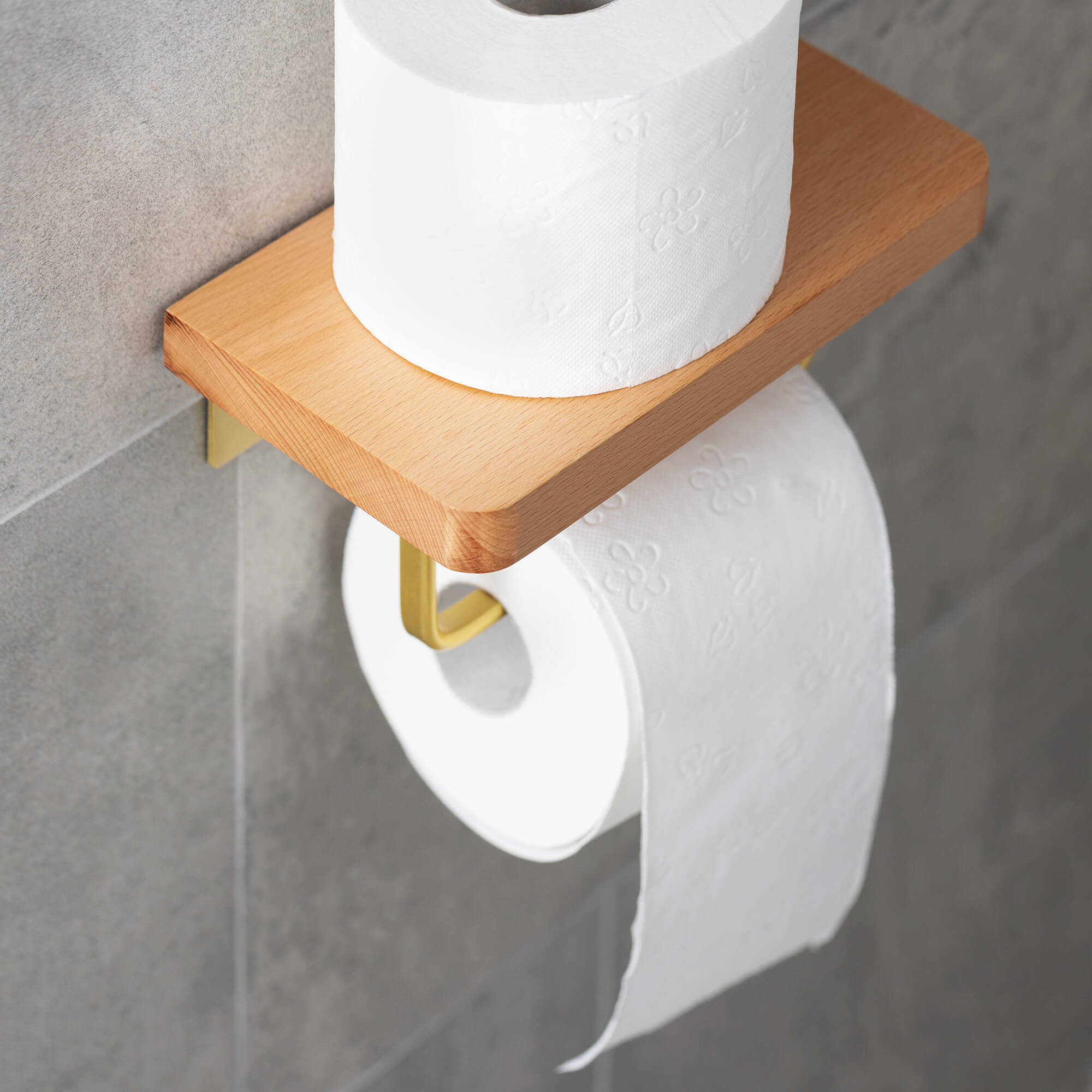 Navaris Επιτοίχια Βάση Ρολού Τουαλέτας με Ράφι από Ξύλο Οξιάς - Light Brown / Gold - 55538.11