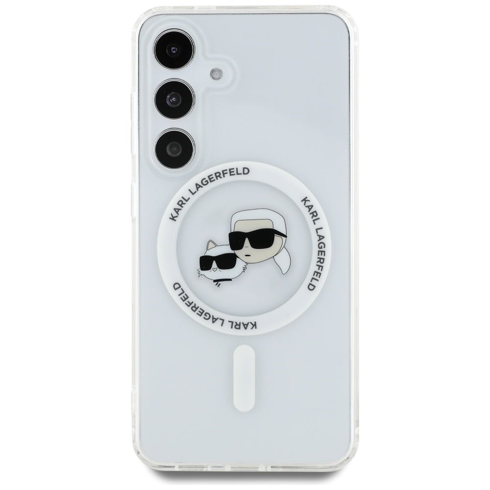 Karl Lagerfeld Samsung Galaxy S25 Plus - Button Karl and Choupette Heads Printed Logo - MagSafe Σκληρή Θήκη με Πλαίσιο Σιλικόνης - White - KLHMS25MHLSKCH
