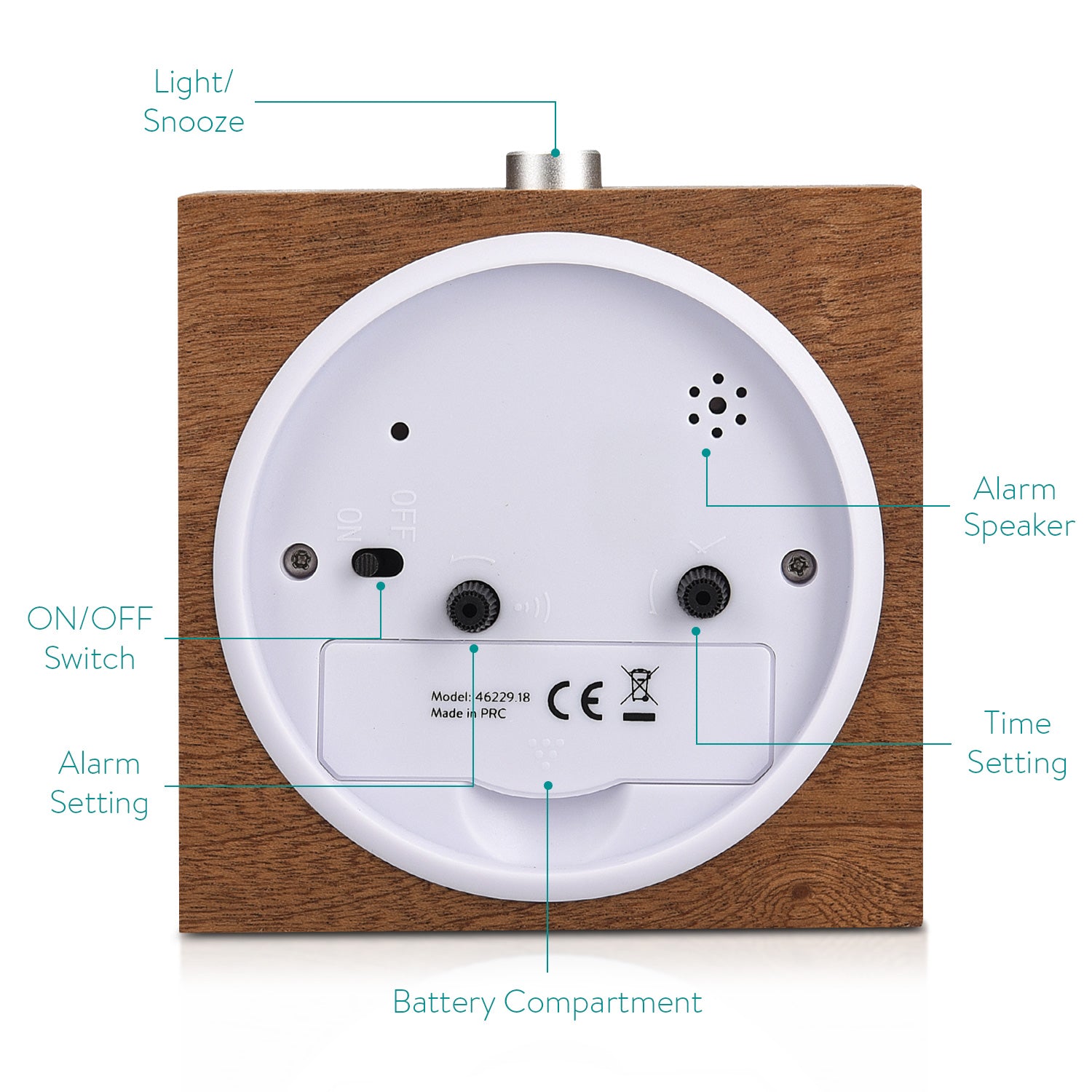 Navaris Analogue Wood Alarm Clock Design Square - Αναλογικό Επιτραπέζιο Ρολόι και Ξυπνητήρι - Gold / Dark Brown - 46229.18