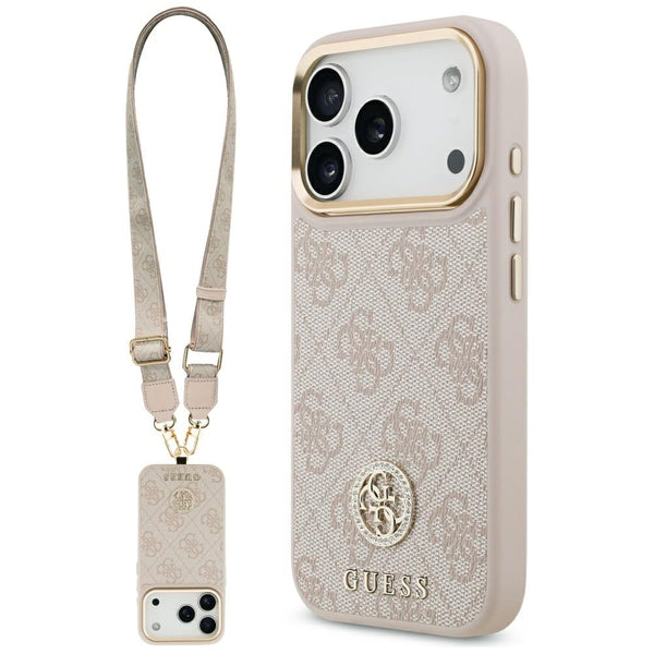 Guess iPhone 17 Pro Max - 4G Strass Logo and Big Strap Metal Buttons MagSafe - Θήκη με Επένδυση Συνθετικού Δέρματος και Λουράκι - Pink - GUHMP17XP4G4DCSP - likebrands.gr