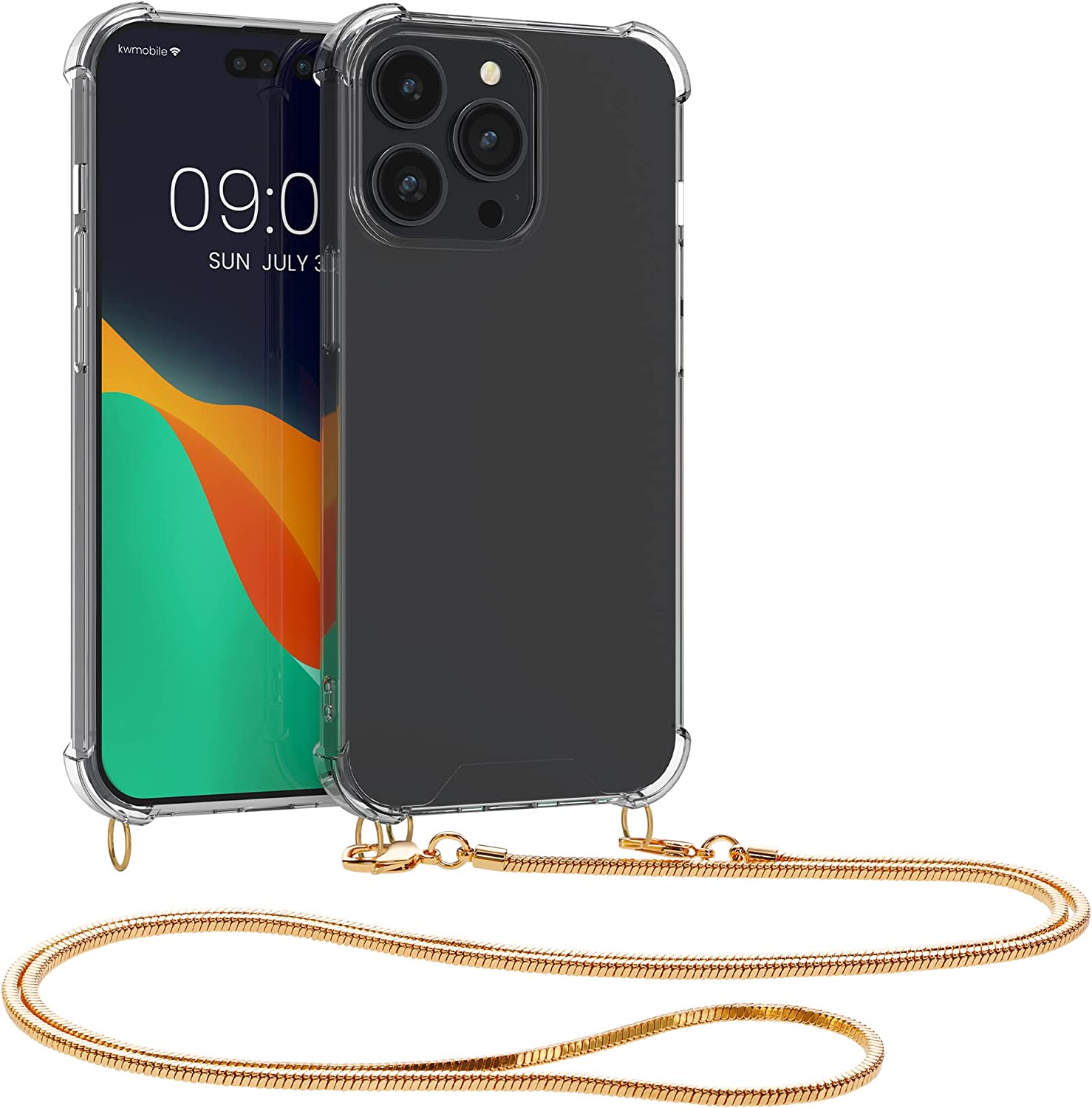 KW iPhone 14 Pro Max Θήκη Σιλικόνης TPU με Μεταλλικό Λουράκι - Διάφανη / Gold - 59105.21