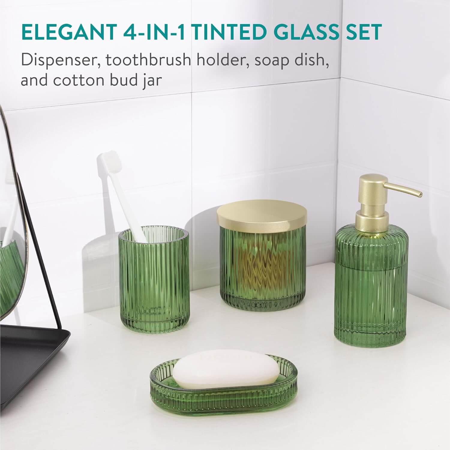 Navaris Γυάλινο Σετ 4 Τεμαχίων Αξεσουάρ Μπάνιου - Διάφανο / Sage Green