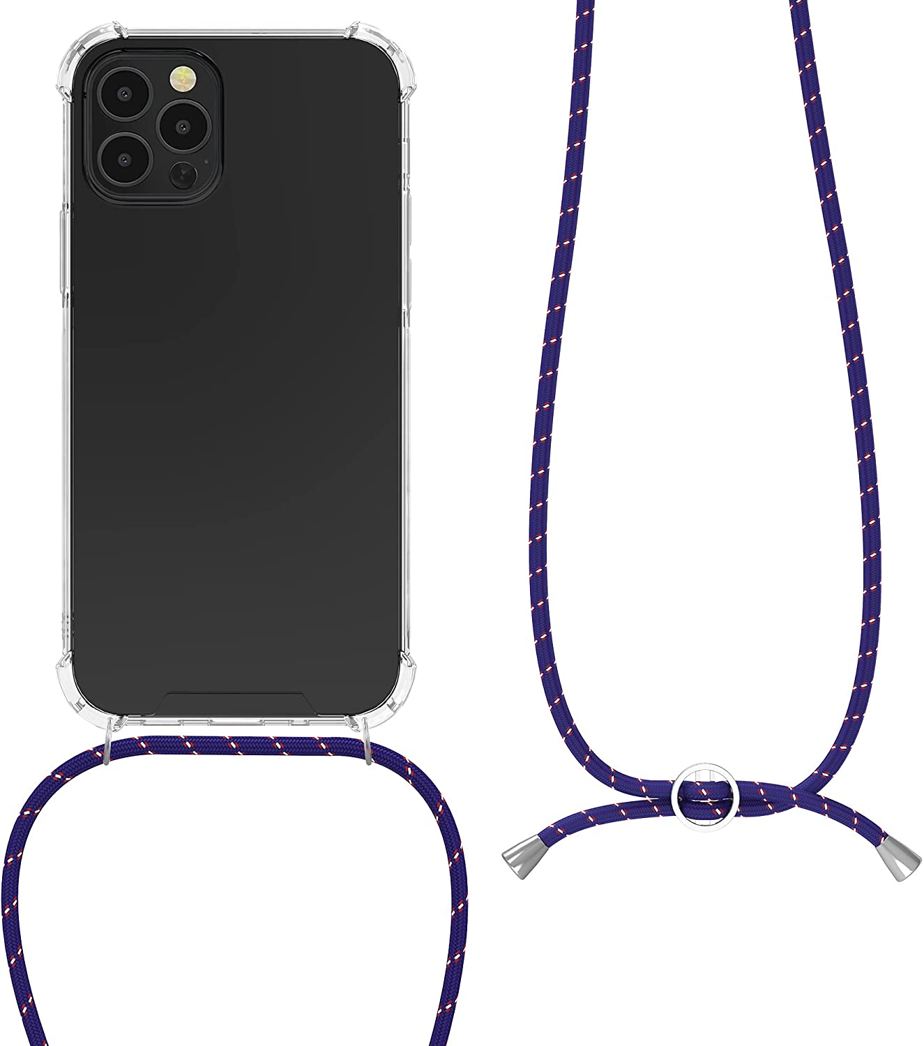 KW iPhone 12 / iPhone 12 Pro Θήκη Σιλικόνης TPU με Λουράκι - Διάφανη - Dark Blue / Red - 52730.17